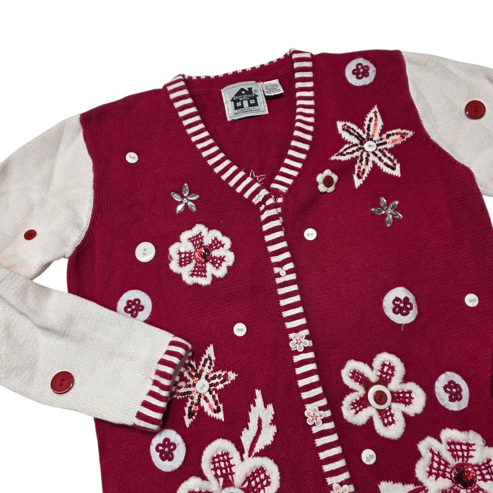 Storybook Knits Cardigan Women Medium Red Floral Embroidered Sequin Button Up‎